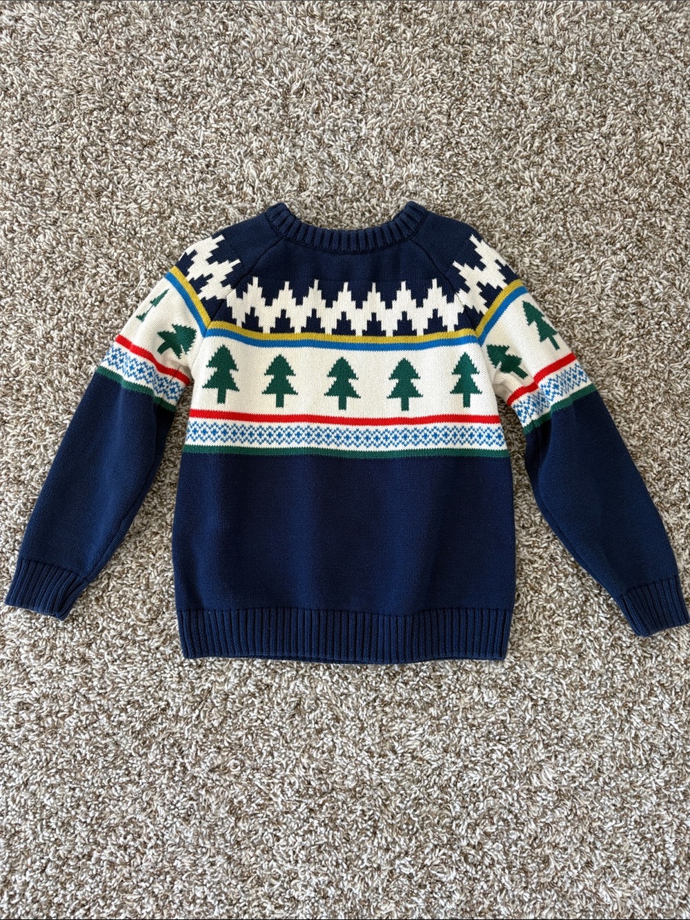 Hanna Andersson Navy Fair Isle Tree Crewneck Sweater with Green & Cream Accents